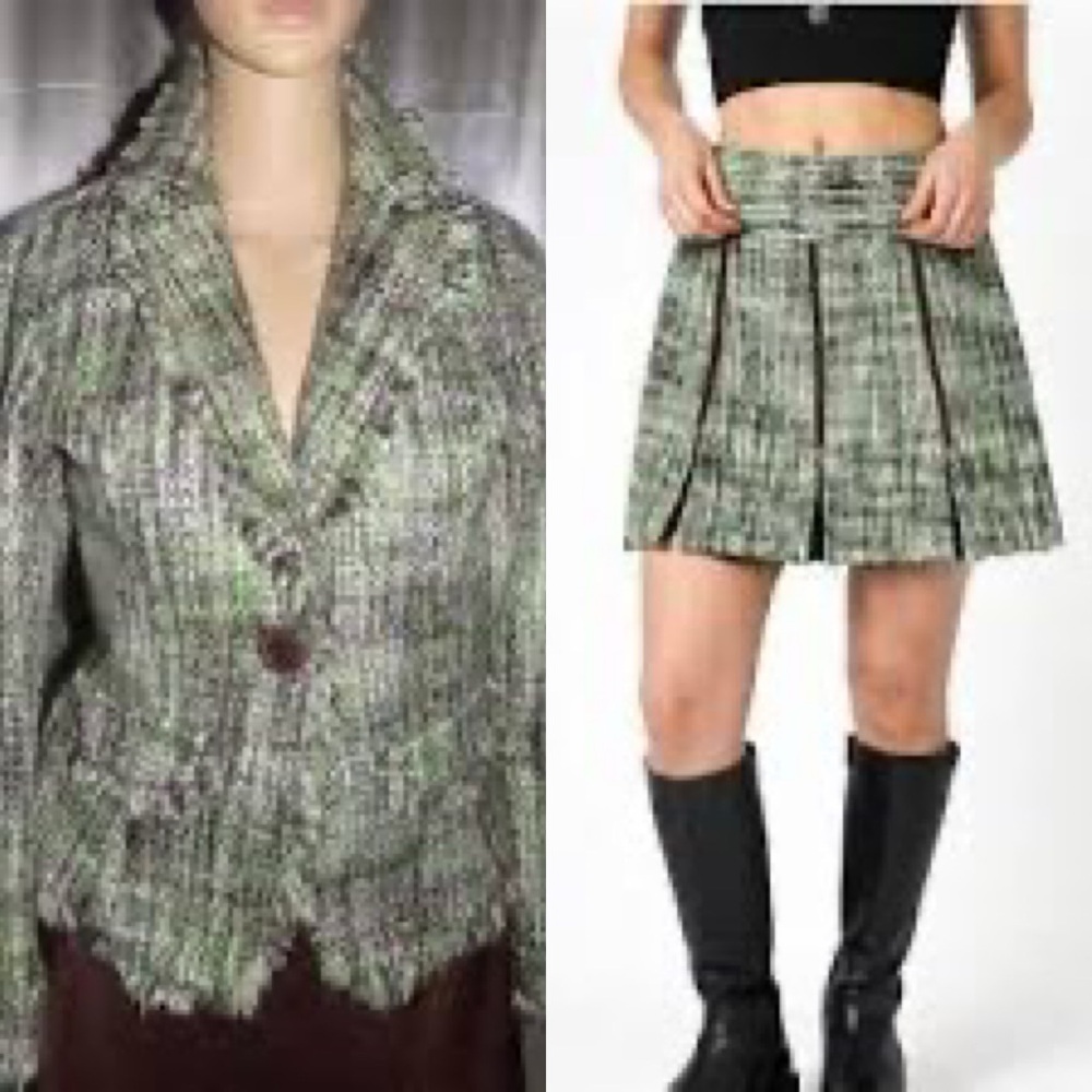 Vintage Green Tweed Blazer and Skirt Suit Set